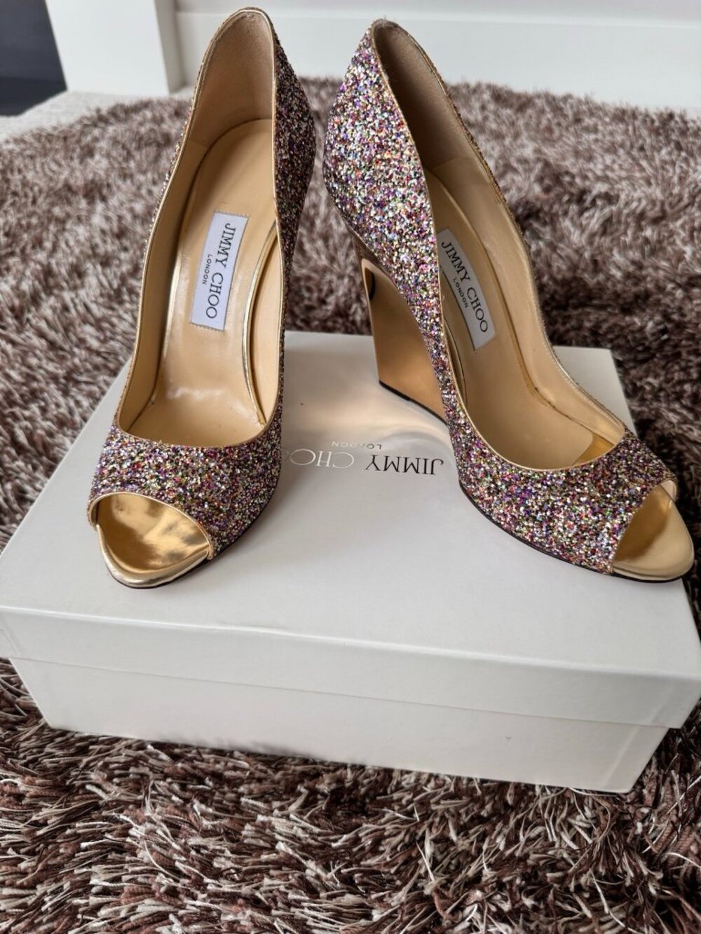 Jimmy Choo Glitter Golden Multi Wedge Pump Peep Toe Leather Women's Heels